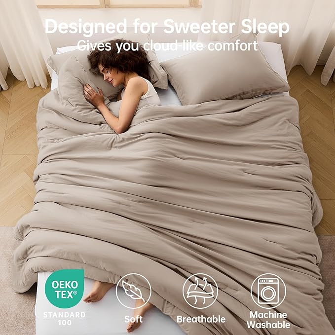 MUXHOMO King Size Comforter Set, All Season Ultra Soft Down Alternative Bedding - 3 Piece Lightweight Bed Set Includes 1 Comforter (104"x90") and 2 Pillow Shams (20"x36"), Dark Linen