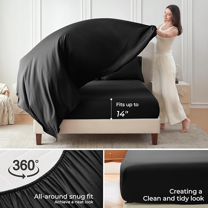 Sasttie California King Comforter Set Black, 7 Pieces Cal King Bed in a Bag, Complete Bedding Set Includes Comforter, Flat Sheet, Fitted Sheet, Pillowcases and Pillow Shams, Black