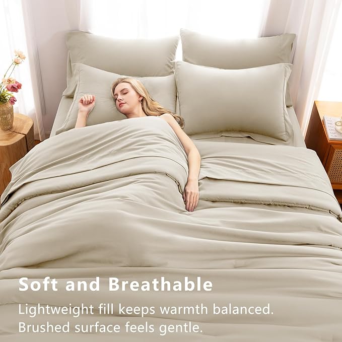CozyLux Queen Comforter Set Oatmeal, 7 Pieces Bed in a Bag Soft Bedding Comforter Set with Sheets, All Season Boho 7PC Bed Sets with Comforter, Fitted Sheets, Flat Sheets, Pillow Shams and Pillowcases
