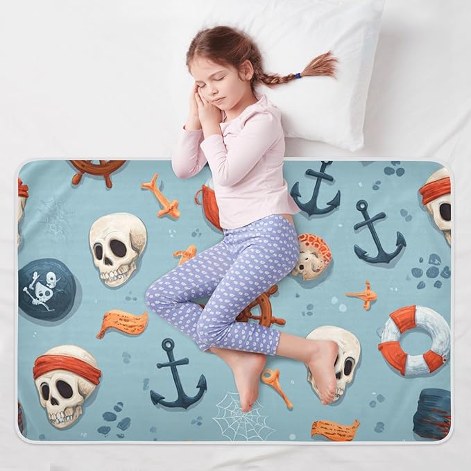 Waterproof Bed Pad Reusable Changing Pad Toddler Mattress Protector Large Pee Pad Baby Diaper Pad Soft Washable Liner Blue Cute Pirate Skulls Ship Wheels Anchors