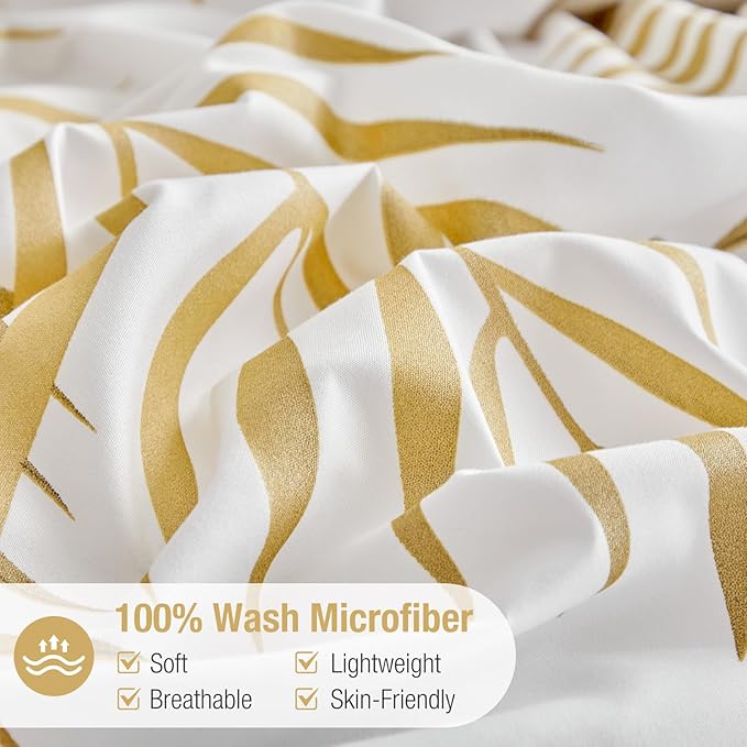 Lekesky Queen Duvet Cover Set, White and Gold Tropical Palm Leaf Pattern Comforter Cover Queen Size, 3 Pieces Soft Microfiber Bedding Sets with Zipper & 2 Pillowcases, Comforter Not Included