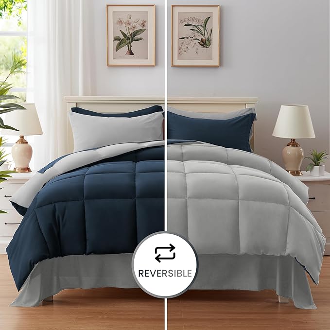 Anluoer Twin Size Bed in a Bag 5 Pieces, Navy and Grey Bed Comforter Set with Sheets, All Season Bedding Sets with 1 Comforter, 1 Pillow Sham, 1 Pillowcase, 1 Flat Sheet, 1 Fitted Sheet