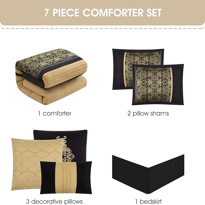 Grand Avenue Black Gold Comforter Set King Size, 7 Piece, Damask Jacquard Home Decor, Matcking Bed Skirt, Pillows & Shams, All Season Bedding Set
