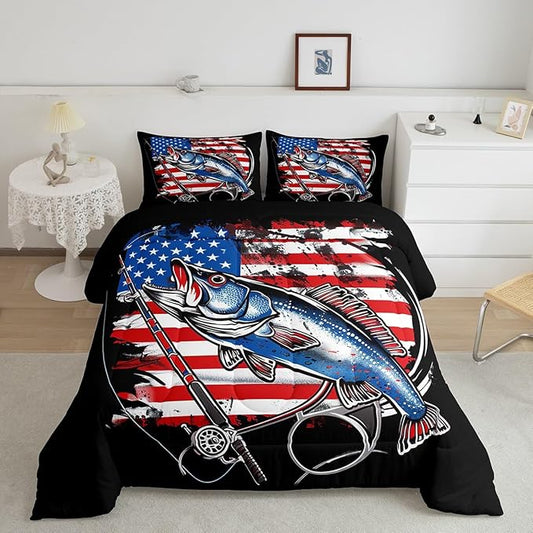 Feelyou Bass Fish Bedding Set Twin Size Farmhouse Fishing American Flag Comforter Set for Kids Boys Girls Teens Fishing Lover Room Wild Pike Fish Decor Comforter Red Blue Stripe Quilted Set 3Pcs