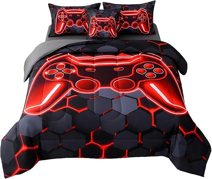 JQinHome Queen Size Gaming Bedding Set 6-Piece Comforter for Boys Teens - 3D Video Game Print Bed in a Bag with Sheets, Red Cool Black Design (Queen)