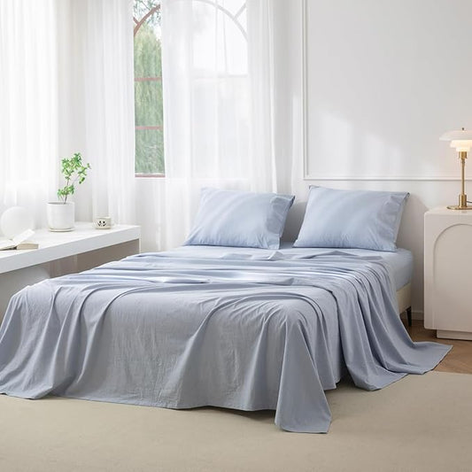 JIYUAN 100% Washed Cotton Sheet Set 4 Pieces Queen,1 Fitted Sheet,1 Flat Sheet and 2 Pillowcases,Comfy and Breathable Linen Like Bedding Set,Heathered Light Blue