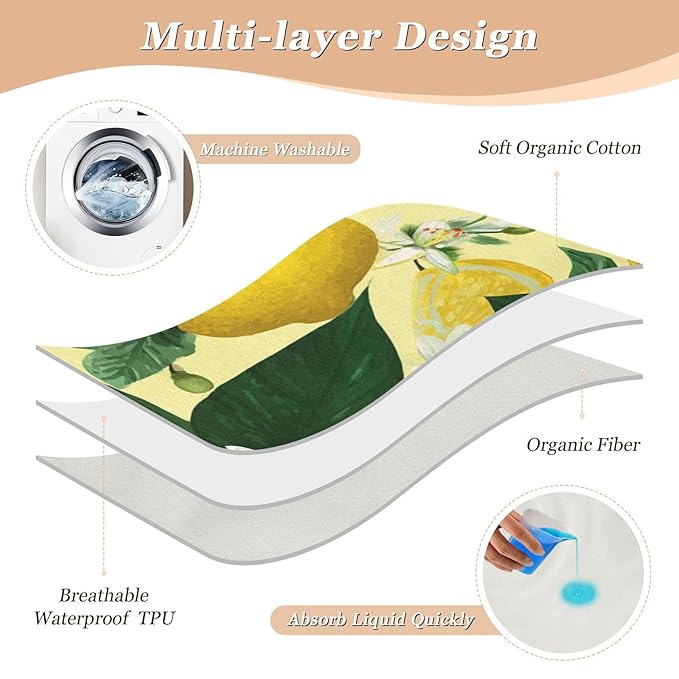 Waterproof Bed Pad Reusable Changing Pad Toddler Mattress Protector Large Pee Pad Baby Diaper Pad Soft Washable Liner Fresh Yellow Lemons Floral