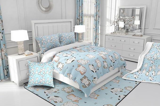 Erosebridal Cat Duvet Insert Queen, Kawaii Garfield Cat Bedding Set for Kids Boys Girls, Paw Print Love Heart Comforter Set, Cartoon Animals Soft Quilt 3 Pieces, Blue
