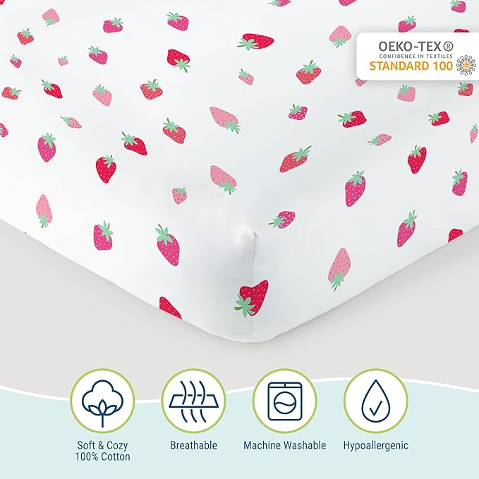 Wildkin 100% Cotton Toddler Sheet Set – Soft & Cozy Bed Sheets - Strawberry Patch