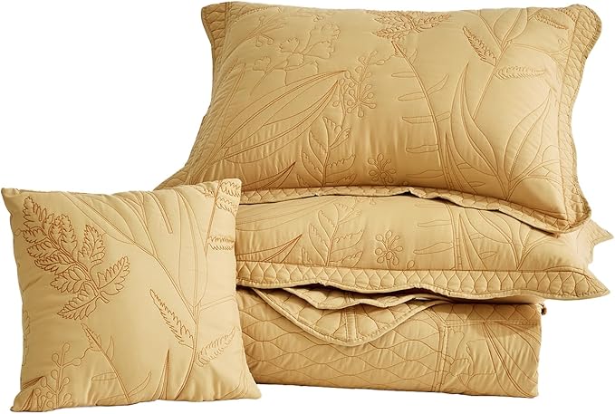 Botanical Oversized Bedspread King Size - Leaves Pattern Stitching Quilt Set - Elegant & Fresh Style Bedding Coverlets, Reversible, Lightweight, 5 Piece, Honey Gold