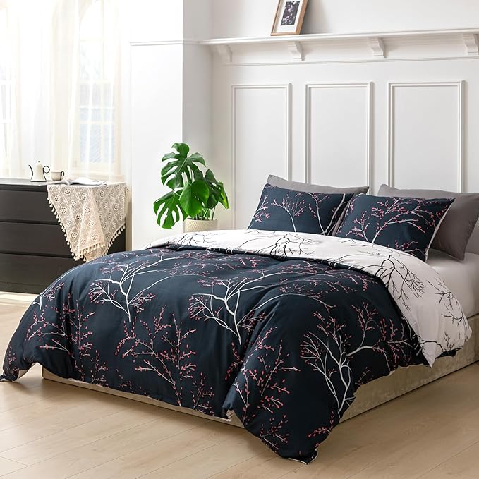 Lekesky Reversible Duvet Cover King Size, Starry Sky Blue Branch Comforter Cover King 3pcs Microfiber Botanical Bedding Set with Zipper Closure Corner Ties