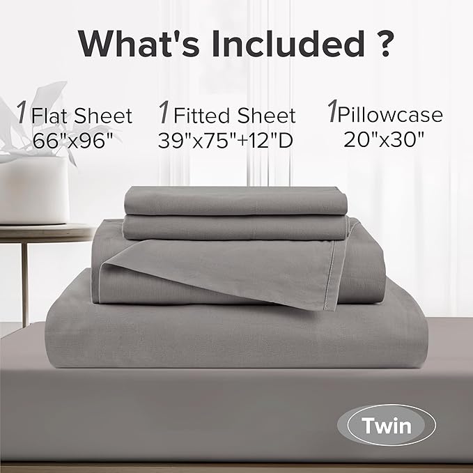 Comfort Spaces 100% Cotton Sheets Twin, Breathable, Soft Cotton Sheets, Naturally Cool Cotton Bed Sheets with 12" Elastic Pocket Fits up to 14" Mattress, All Season Sheet Set, Dark Gray 3 Piece