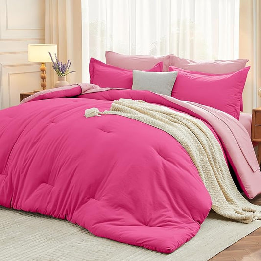 MUXHOMO 7 Pieces King Comforter Set, Soft Bed in a Bag King Size, All Season Bedding Set with Comforter, Flat Sheet, Fitted Sheet, Pillowcases & Shams, Hot Pink & Baby Pink