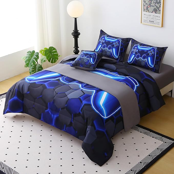 JQinHome Twin Size Gaming Bedding Set 6-Piece Comforter for Boys Teens - 3D Video Game Print Bed in a Bag with Sheets, Blue Cool Black Design (Twin)