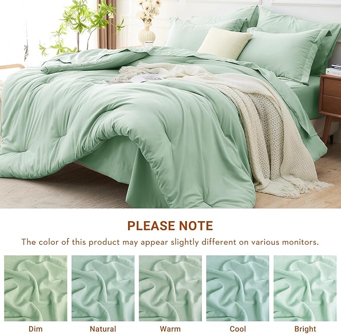 MUXHOMO 7 Pieces King Comforter Set, Soft Bed in a Bag King Size, All Season Bedding Set with Comforter, Flat Sheet, Fitted Sheet, Pillowcases & Shams, Sage Green