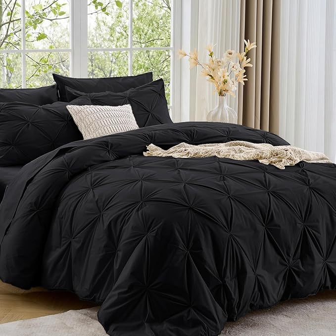 Sasttie Full Size Comforter Set, 7-Piece Bed in a Bag, Pintuck Bedding Set for All Season, Includes Comforter, Flat Sheet, Fitted Sheet, Pillowcases and Pillowshams, Black