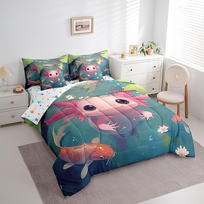 Feelyou Kids Cute Axolotl 7 Pieces Bedding Set King Size, Cartoon Salamander Bed in A Bag Ocean Sealife Comforter Set with Sheets Boys Girls Kawaii Animal Teens Bed Set Bedroom Decor 7Pcs