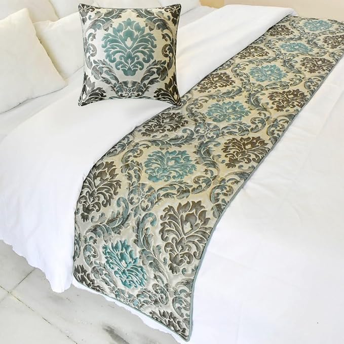 The HomeCentric King/Queen/Twin Blue Designer Full 68"x18" Bed Runner Without Pillow Cover, Damask Bed Scarf on Jacquard Fabric - Royal Elegance