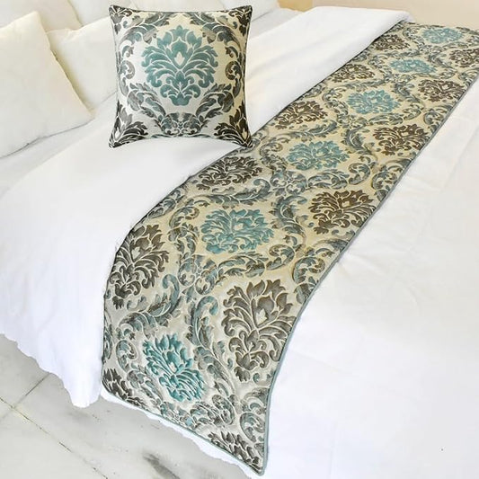 The HomeCentric King/Queen/Twin Blue Designer Full 68"x18" Bed Runner Without Pillow Cover, Damask Bed Scarf on Jacquard Fabric - Royal Elegance