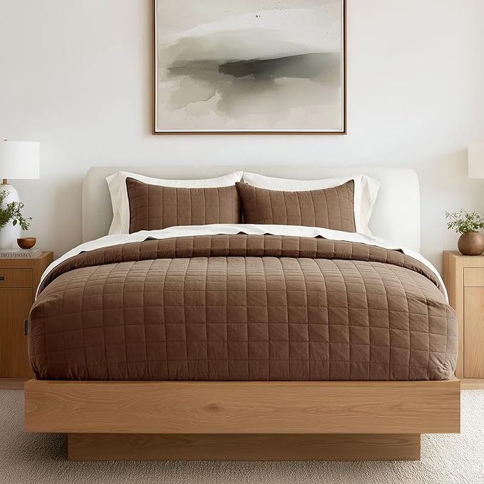 EVERGRACEHOME 100% Cotton Box Stitch Quilt Bedding Set Queen Size 3 Pieces, Garment-Washed Lightweight Soft Cozy Coverlet, Quilted Bedspread Sets with 2 Shams for All Season, Sienna Brown