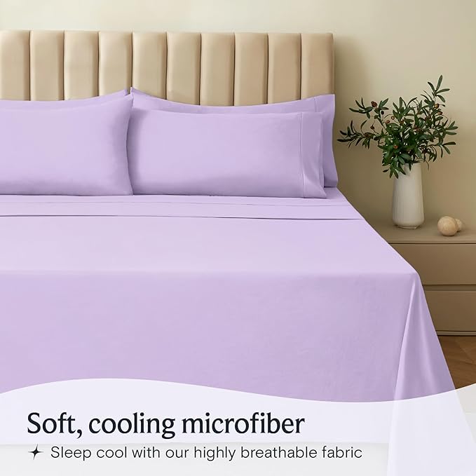 LuxClub 4 PC Queen Sheet Set, Breathable Luxury Bed Sheets, Deep Pockets 18" Wrinkle Free Cooling Sheets Machine Washable Hotel Bedding Silky Soft - Lavender Queen