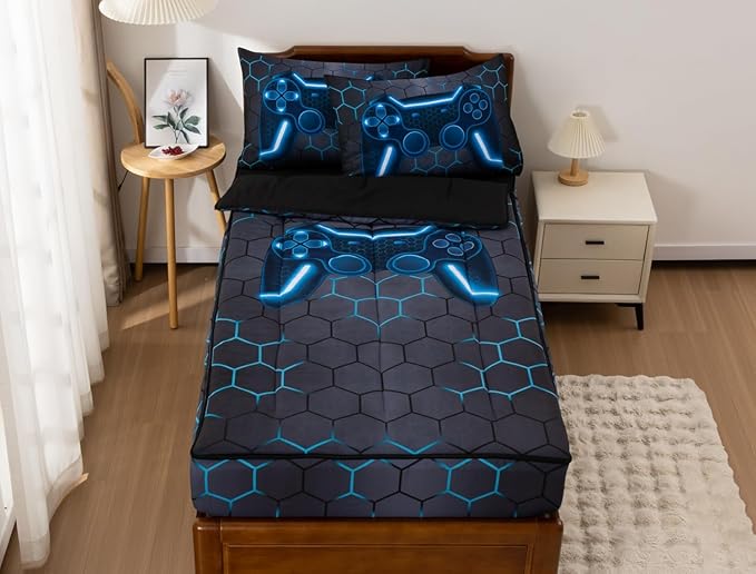 Meeting Story 3pcs Kids Comforter Set Zipper Bedding Set for Boys,Twin Kid Bedding Set Game Comforter Set for Kid,All in one Zipper Bedding（Grey,Twin）