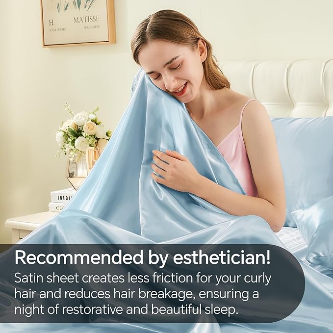 BEDELITE Satin Sheets Queen Size Bed Set, Luxury Soft Light Blue Silky Sheets for Hair and Skin, Similar to Silk Bed Sheets Set 4 Pieces （1 Deep Pocket Fitted Sheet, 1 Flat Sheet, and 2 Pillowcases）