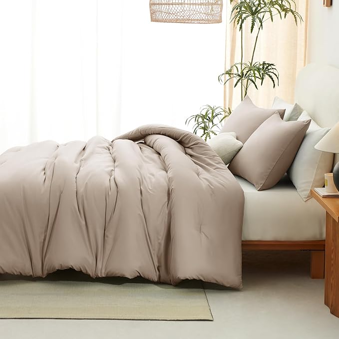 CozyLux Full Size Comforter Set Wheat, 3 Pieces Solid Breathable Quilted Style Bedding Sets, Luxury Fluffy Soft Bed Set with Down Alternative Comforter for All Season (1 Comforter & 2 Pillowcases)