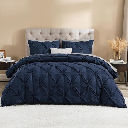 Litanika Navy Blue California King Pinch Pleat Duvet Cover, 3 Pieces Pintuck Cover Soft Microfiber Bedding Set with Zipper Closure & Corner Ties(1 Duvet Cover, 2 Pillowcases)