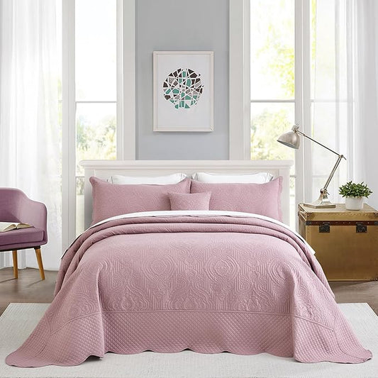 HZ & HY Oversized King Bedspread 138x122 Extra Wide, Ultrasonic Coverlet Bedding Set, Lightweight Thin Comforter, Reversible, 5 Piece, 100% Microfiber, California/Alaskan King, Mauve Shadows