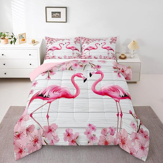 Erosebridal Flamingo Bedding Set Full,Cherry Blossoms Comforter Set for Girls Teens Women,Pink Tropical Bird Animal Comforter Flower Rustic Wooden Board Quilt Duvet Sets with 2 Pillow Cases