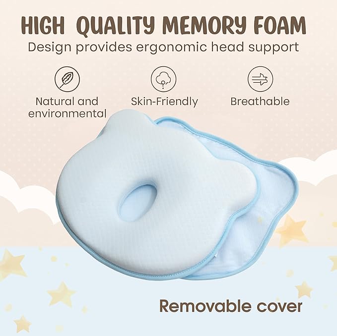 Soft Memory Foam Baby Changing Station Support pad for Infant, Portable Travel Cushion with Cartoon Bear Cover – Comfortable Head Support for Kids, Breathable and Washable