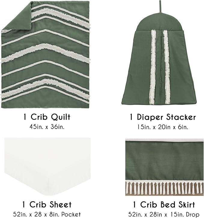 Sweet Jojo Designs 4-Piece Baby Crib Bedding Set (Green Boho Linen) for Boys or Girls, Infants/Nursery incl. Blanket, 100% Cotton Fitted Sheet, Skirt, Diaper Stacker (Sage, Chevron, Neutral Farmhouse)