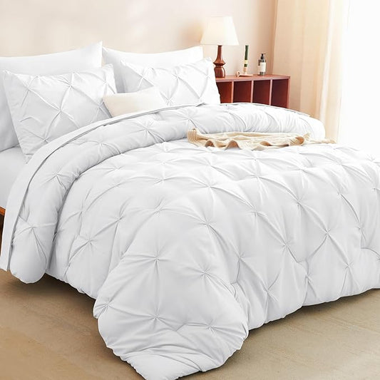 CozyLux Full Size Comforter Sets White, 7 Pieces Pintuck Bed in A Bag White Comforter Full Size, Pinch Pleat Bedding Sets with All Season Comforter, Sheets, Pillowcases & Shams