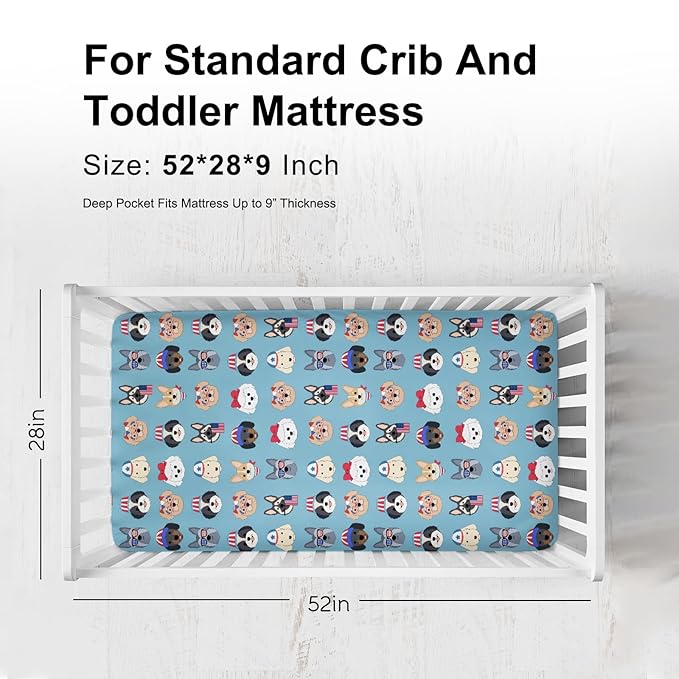 Cute Patriotic Dogs Fitted Baby Crib Sheets for Boy Girl 52"x28" 4th of July Puppies Flags Soft Stretchy Crib Mattress Covers Dogs Lovers Gift Baby Sheets for Standard Crib and Toddler Bed Mattress