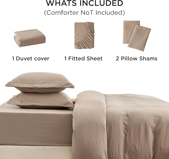 Bedsure Duvet Cover Queen Size with Fitted Sheet - 4 Pieces Prewashed Cotton-Like Polyester Extra Soft Bedding Set, Includes 1 Duvet Cover 90x90 Inches, 2 Pillow Shams, 1 Fitted Sheet, Deep Beige