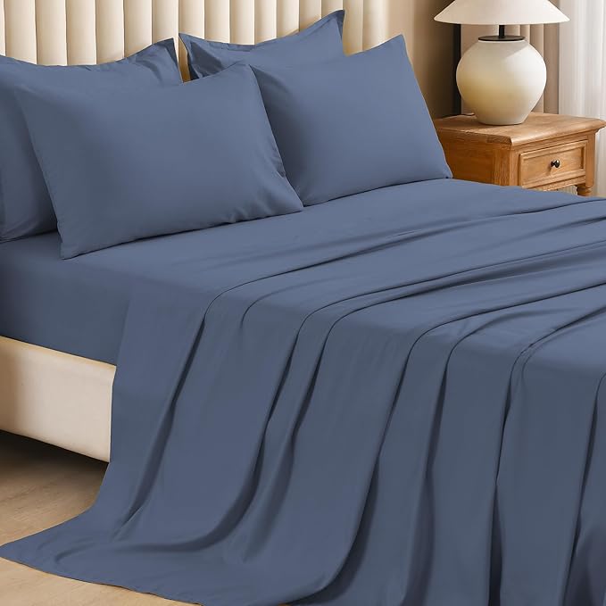 Litanika California King Comforter Set Bluish Grey - 7 Pieces Bed in a Bag Cal King Bedding Comforter Sets, Plain Lightweight Bed Set with Comforter, Sheets, Pillowcases & Shams