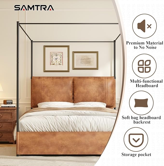 Modern Canopy Bed Frame with Upholstered Faux Leather Headboard – Tall Four Poster Metal Platform Bed, No Box Spring Needed, Queen Size, Brown and Black