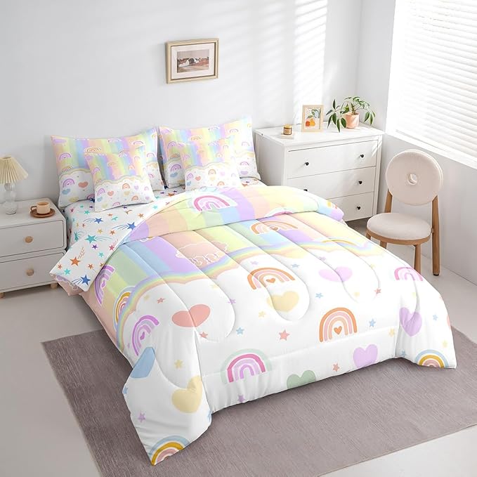 Feelyou Boys Girls Rainbow Comforter Set with Sheets Twin Size, Colorful Stripes Bed in A Bag Geometric 7 Pieces Bedding Sets Kids Modern Art Teens Bed Set Room Decor