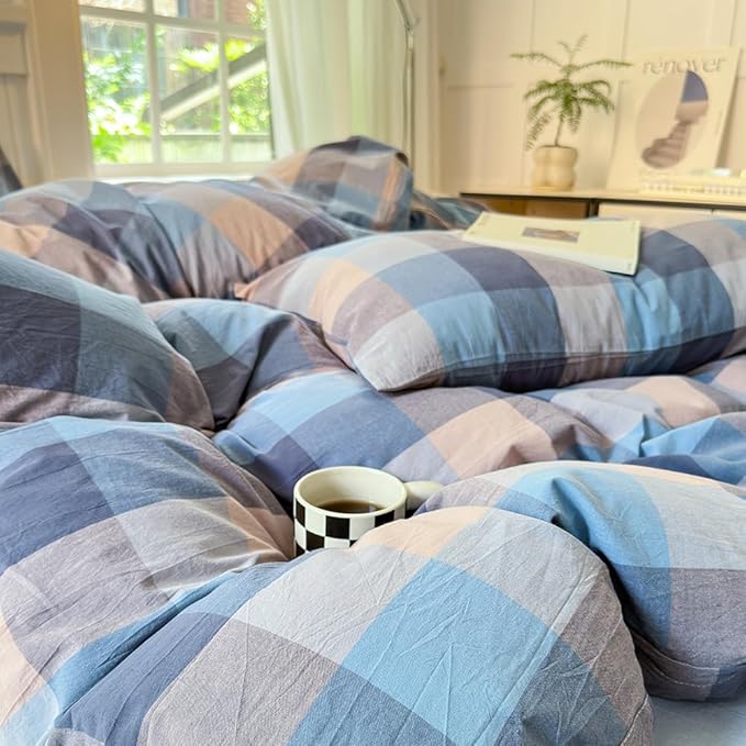 FACE TWO FACE Bedding Duvet Cover Set100% Washed Cotton Duvet Cover Linen Like Textured Breathable Durable Soft Comfy (Full, Cardamom Blue Grid)