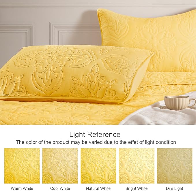 Whale Flotilla Soft Queen Quilt Bedding Set for All Seasons, Vintage Damask Ultrasonic Full Size Quilts Set, Lightweight Reversible Bedspread, Coverlet, Bed Cover with 2 Pillow Shams, Yellow
