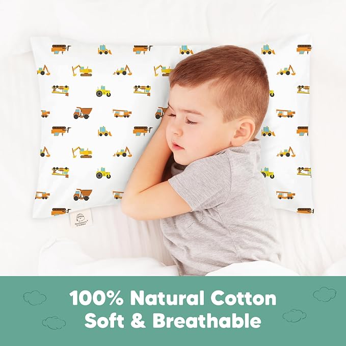 KeaBabies Toddler Pillowcase 13"x18" - Organic Cotton Toddler Pillowcase for Kids, Boys, Girls,Soft & Durable Cotton Cover for Miniature Sleepy Pillows,Cute Colors,Pillow Sold Separately(Construction)