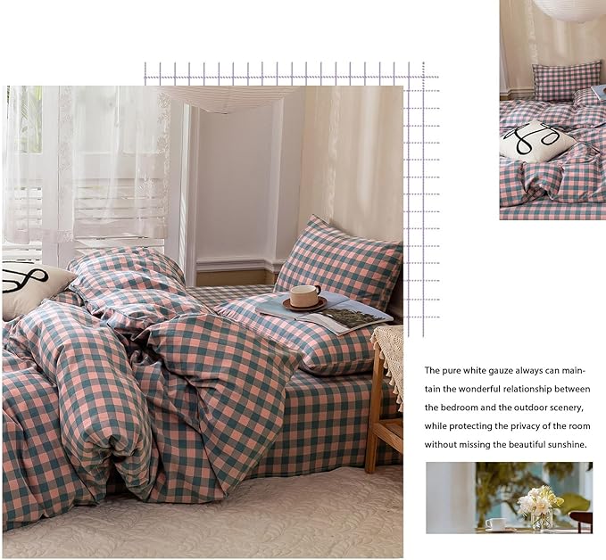 Checkered Comforter Set King Size Purple Pink Plaid Bedding Comforter Cotton Fabric with Microfiber Inner Fill Soft Fluffy Bed Set 3 Pieces Grid Bedding Checkered Pattern Comforter with 2 Pillowcases