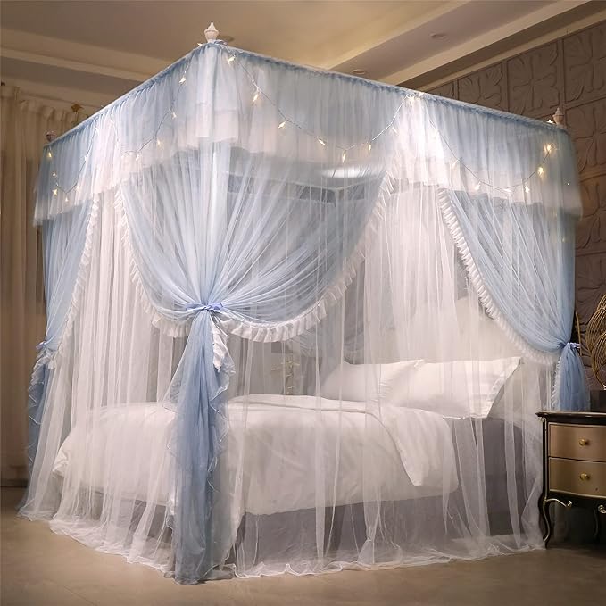 VETHIN 4 Corners Post Ruffle Princess Bed Canopy Curtain-Double Layer Cozy Drape Netting 4 Opening Mosquito Net for Girls Adults Bedroom Decoration (Gray/White,47" W*78" L*82" H/Twin)