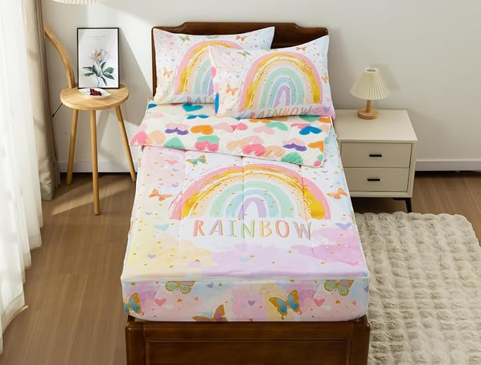 Meeting Story 3pcs Kids Comforter Set Zipper Bedding Set for Girls,Twin Kid Bedding Rainbow Comforter Butterfly Bedding Set for Kid（Yellow,Twin）