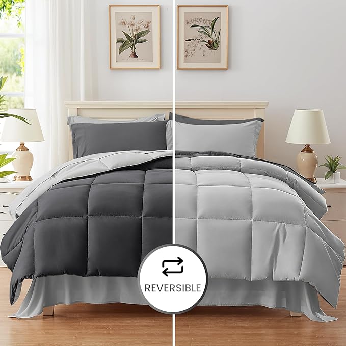Anluoer King Size Bed in a Bag 7 Pieces, Grey Comforter Set with Sheets, All Season Bedding Sets with 1 Comforter, 2 Pillow Shams, 2 Pillowcases, 1 Flat Sheet, 1 Fitted Sheet