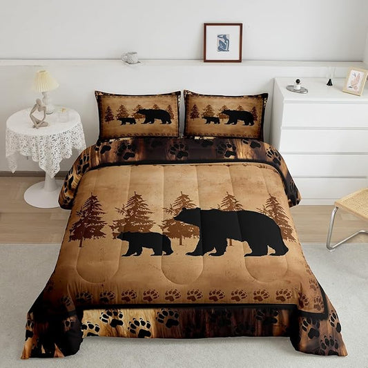 Feelyou Bear Comforter Set Toddler Size Farmhouse Wild Animal Comforter Retro Bear Family Bedding Set for Kids Boys Girls Brown Bear Paws Duvet Set Rustic Bedroom Decor Quilted Set 2Pcs