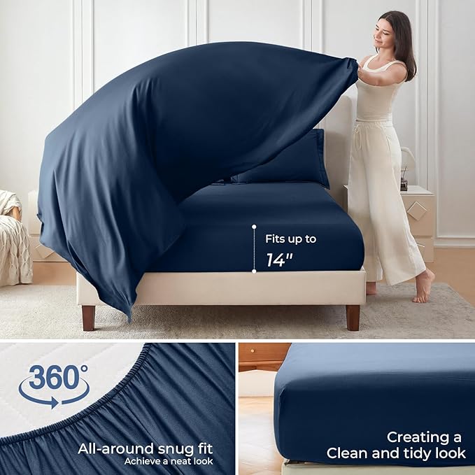 Sasttie Oversized King Comforter Set, 7 Pieces Extra Large Bed in a Bag, Complete Bedding Set Includes 120''x98'' Comforter, Flat Sheet, Fitted Sheet, Pillowcases and Pillow Shams, Navy