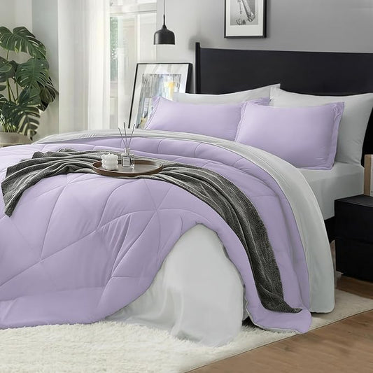 BEDELITE Twin Comforter Set 5 Pieces Bed in A Bag - Soft Microfiber Reversible Lavender Bed Set with Comforters, Sheets, Pillowcase & Sham, Cozy Luxury Bedding Sets for All Season