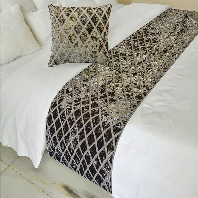 The HomeCentric King/Queen/Twin Grey Decorative Bed Runner Full 68"x18" Bed Runner with One Pillow Cover, Diamond Pattern, Velvet Cut Bed Scarf on Velvet Fabric - Grey Velvet Verve